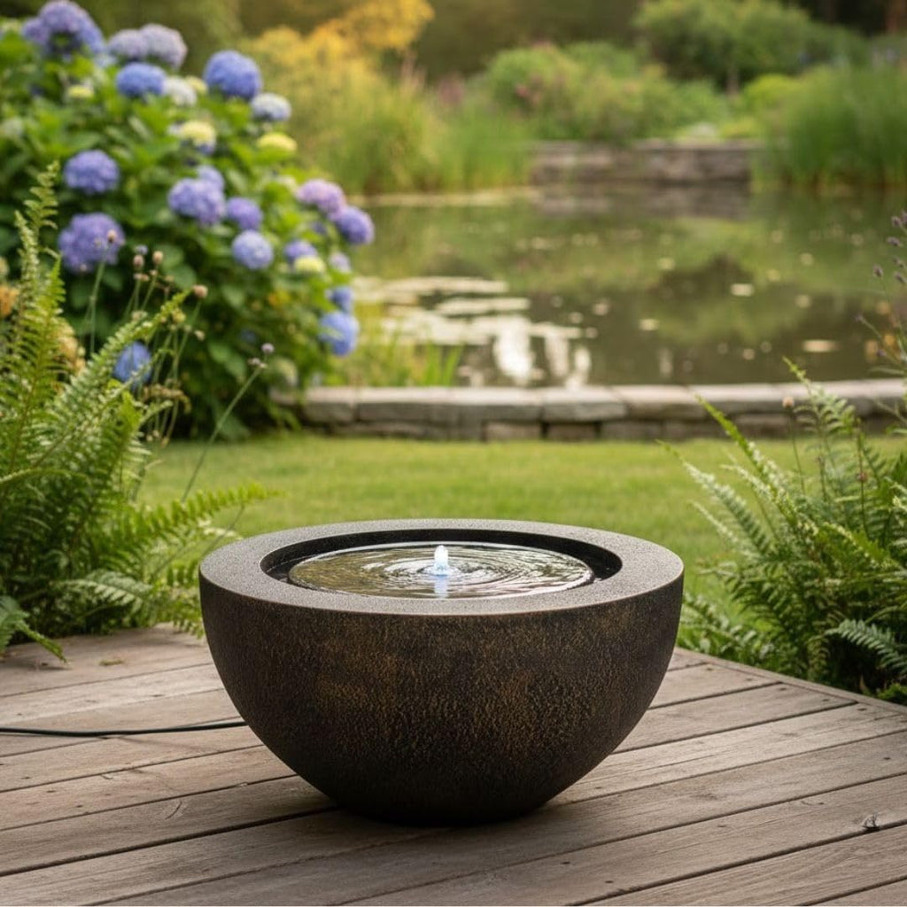 XBrand 19.8' W Round Sphere Water Fountain Indoor Outdoor with LED Light, Polyresin Bubbler Feature for Patio Garden Yard Home Décor, Bronze
