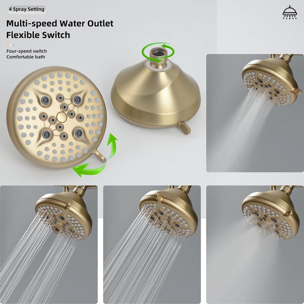 Double Shower Head with Manifold Shut-Off Valve,4 Function 2 Shower Sprayers For Couples Shower,High Pressure Dual Shower Heads Combo Set,Brushed Gold,AG1MG