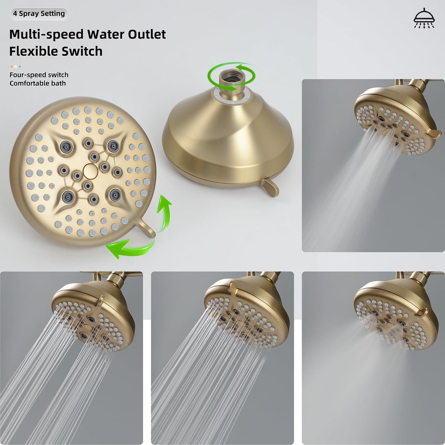 Double Shower Head with Manifold Shut-Off Valve,4 Function 2 Shower Sprayers For Couples Shower,High Pressure Dual Shower Heads Combo Set,Brushed Gold,AG1MG