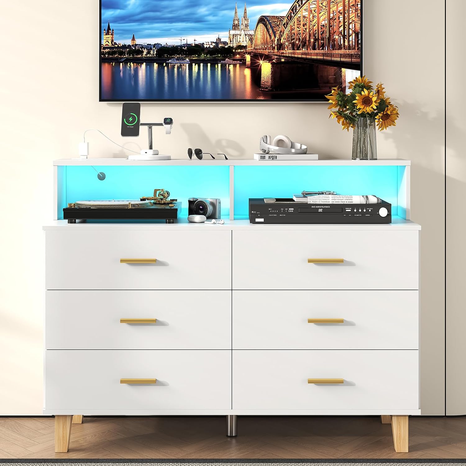 knoworld White 6 Drawer Dresser for Bedroom, Chest of Drawers with LED Light and Power Outlet, Tall Wide Dresser for Organizer Cabinet Bedroom,Living Room,Hallway, Entryway