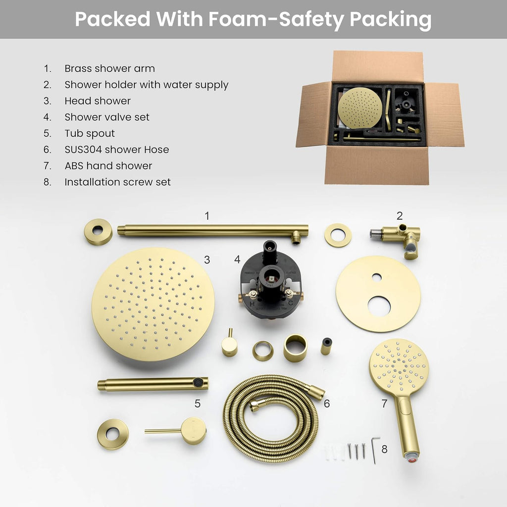 KIBI Circular Bathroom Shower System | 3-Function Wall Mounted Shower Faucet Set with Solid Brass Pressure Balanced Valve | Three Hand Shower Modes | 15-inch Long Shower Arm | Brushed Gold (KSF404)