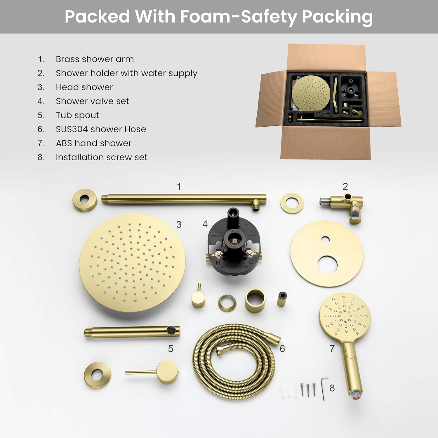 KIBI Circular Bathroom Shower System | 3-Function Wall Mounted Shower Faucet Set with Solid Brass Pressure Balanced Valve | Three Hand Shower Modes | 15-inch Long Shower Arm | Brushed Gold (KSF404)