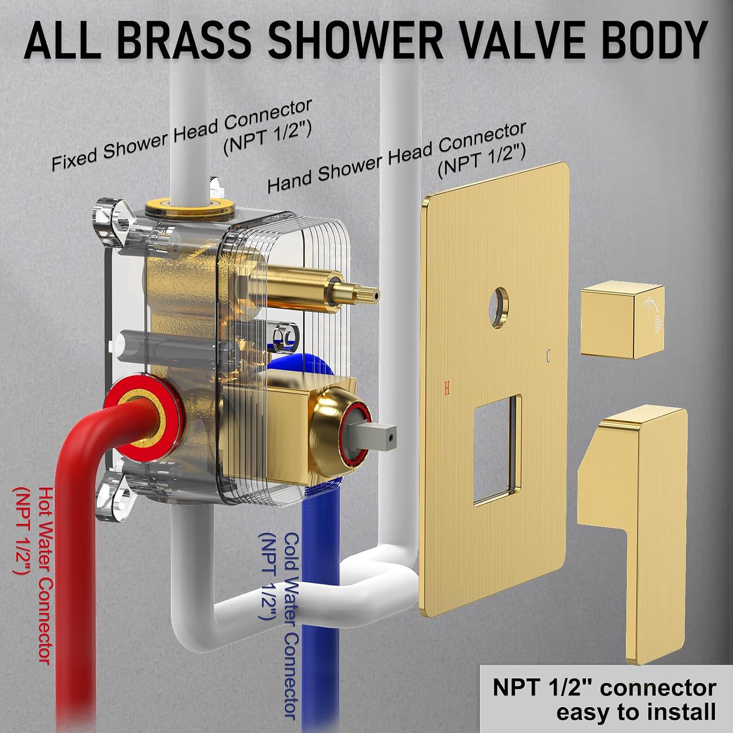 Iriber Gold Shower System Wall Mount with Rainfall Shower Head and Handheld,Shower Faucet Set Mixer Trim Kit (Valve Included),Brushed Gold