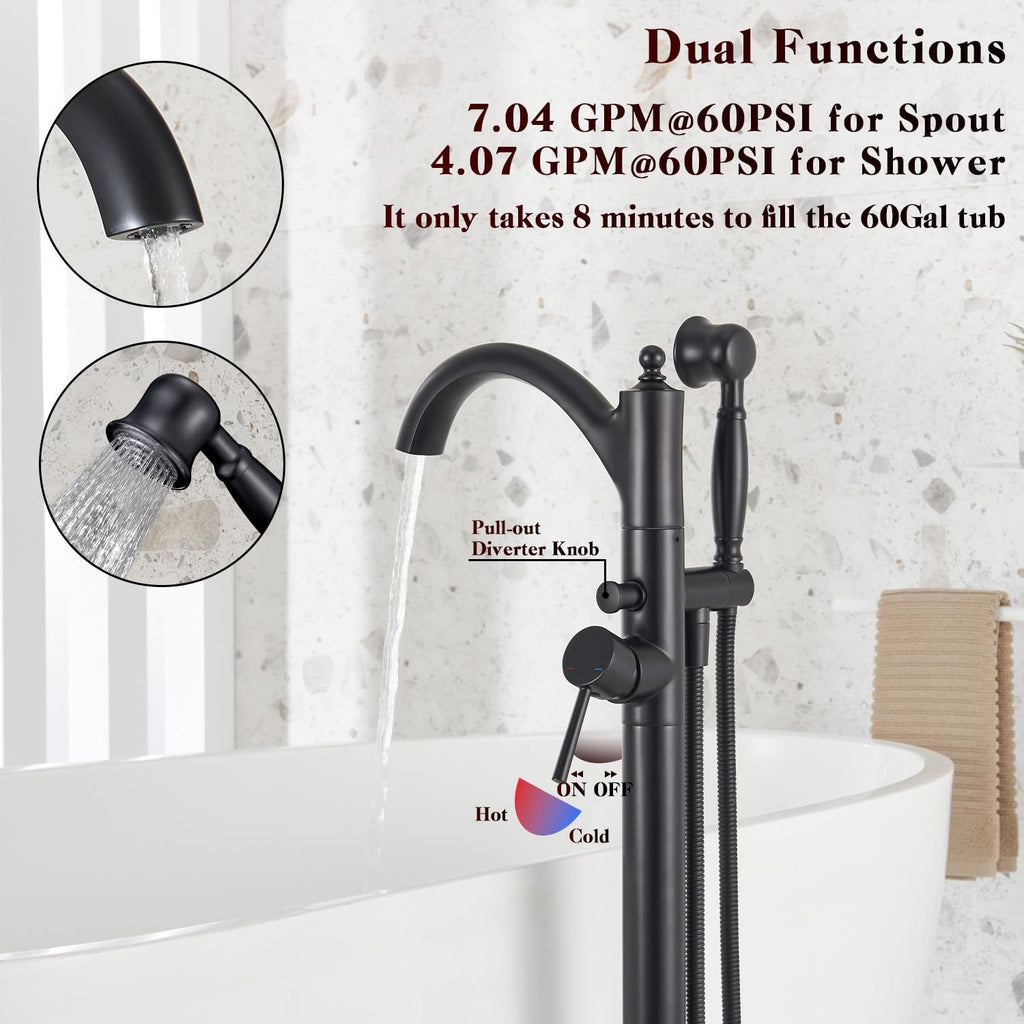 Freestanding Bathtub Faucet, Matte Black Classic Free Standing Tub Faucet with Vintage Handheld Sprayer High Flow Max 7.04GPM Floor Mounted Tub Filler (WT-9002BK)