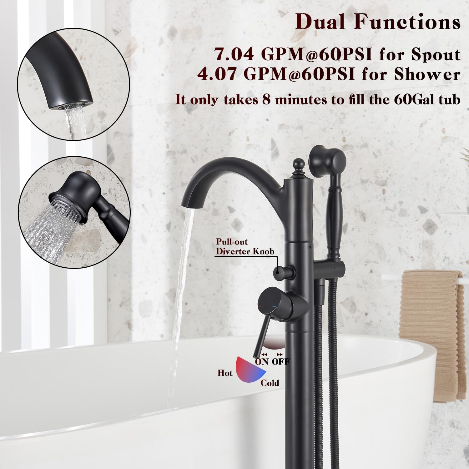 Freestanding Bathtub Faucet, Matte Black Classic Free Standing Tub Faucet with Vintage Handheld Sprayer High Flow Max 7.04GPM Floor Mounted Tub Filler (WT-9002BK)