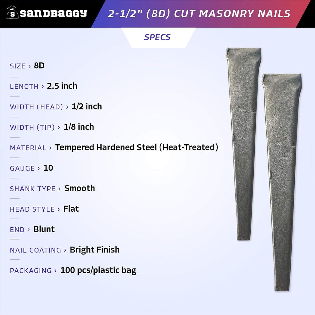 Sandbaggy 2-1/2 inch (8D) Square Cut Masonry Nails for Concrete, Brick, Mortar - 1/2' Wide Flat Heads - Construction, Cement, Brick Walls (10000)