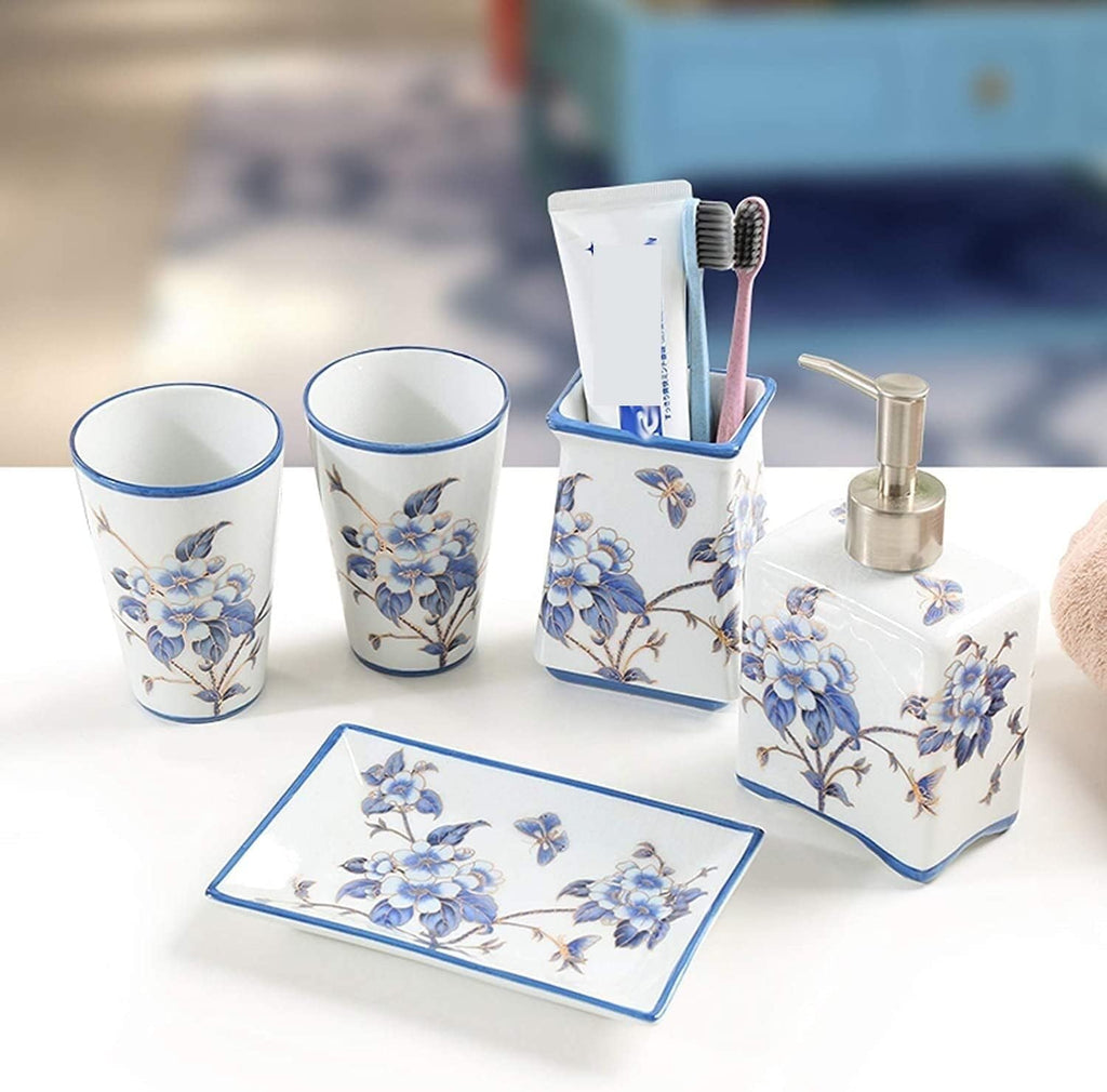 Soap Dispenser Set Chinese Traditional Flowers Ceramic Full Bathroom Accessory Set Blue Flower and Bird Bathroom Kit Bathrooms Sets(5-Piece Set)