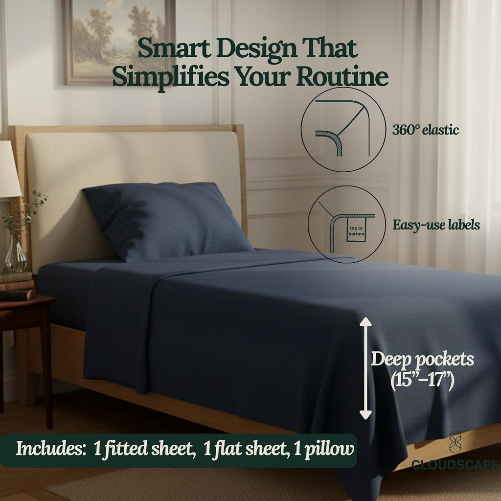 CLOUDSCAPE 100% Egyptian Cotton Sheets Twin XL Size, 3 Pcs Breathable and Naturally Cooling Bedding Set, Long-Staple Cotton for Softness, Deep Pocket Fitted up to 16' Twin XL Sheet, Dark Denim
