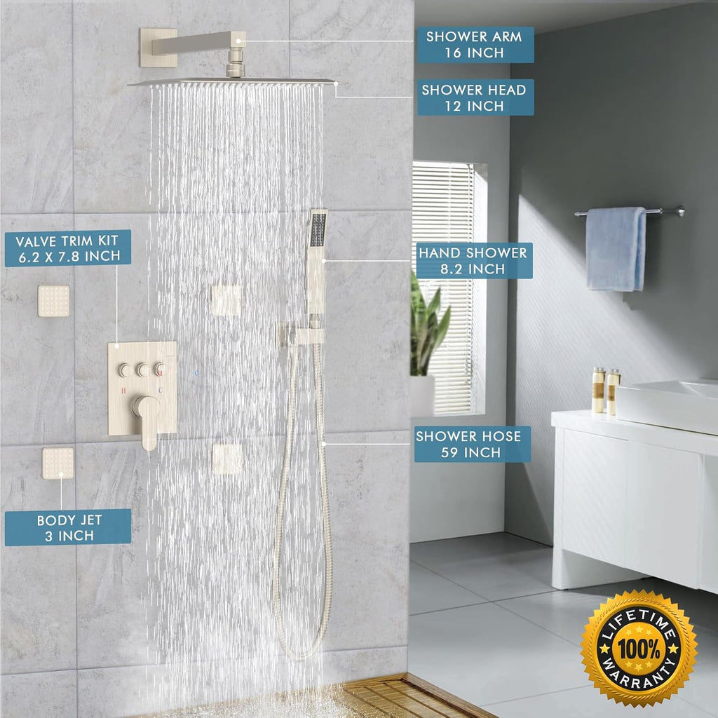 Shower System with Body Jets, Bostingner Shower Faucet Set 12' Rain Shower Head with Handheld Spray, Can Use at Same Time, 3 Way Push Button Diverter Shower Set Complete, Brushed Nickel