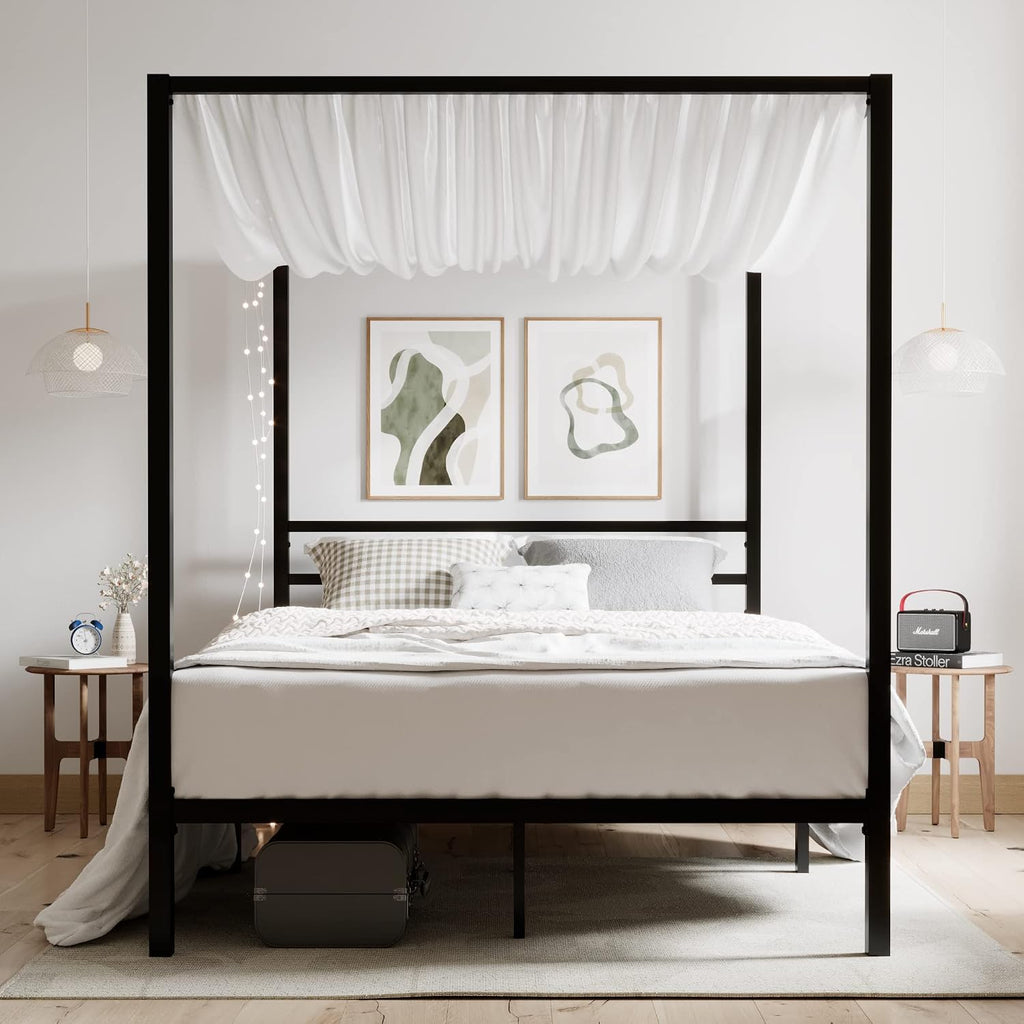 ikalido Queen Size Metal Canopy Bed Frame, Modern Four-Poster Platform Bed Frame, Mattress Foundation, Under-Bed Storage Space, No Box Spring Needed, Black