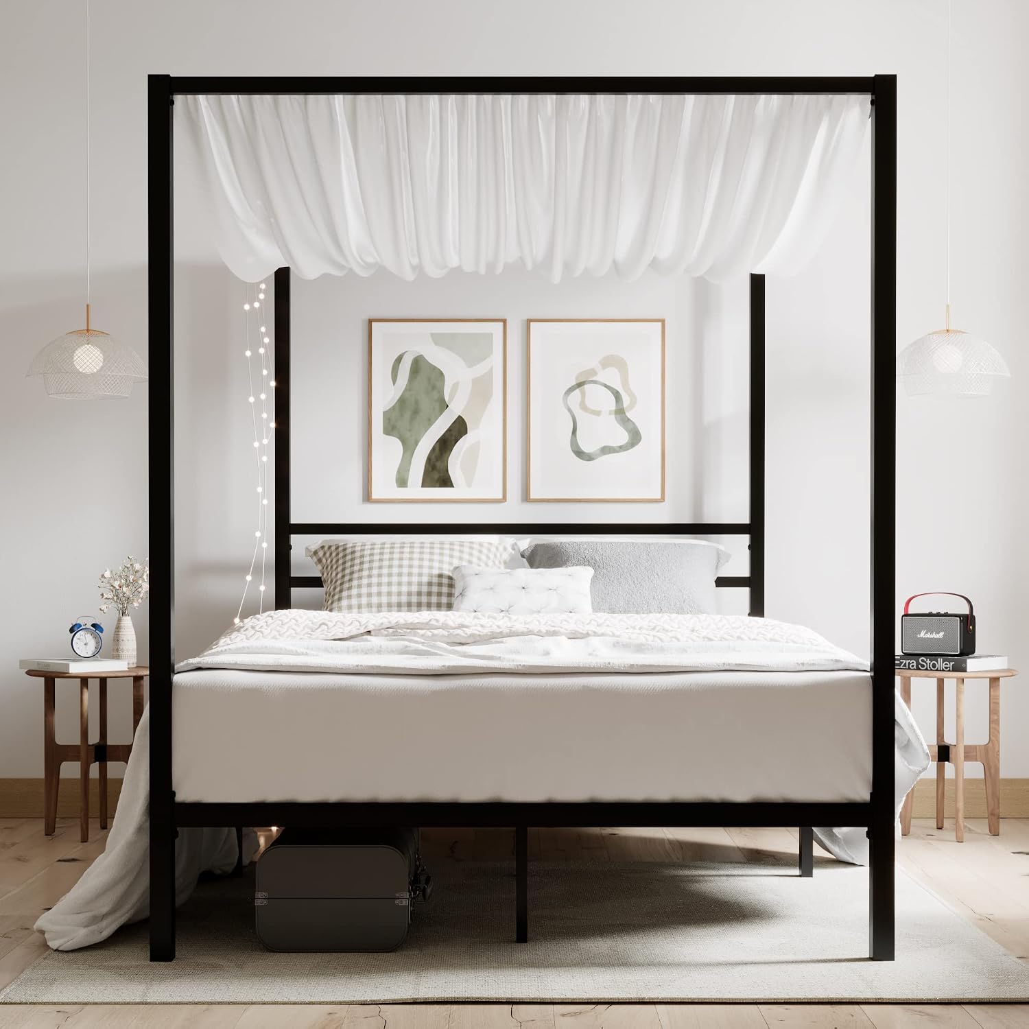 ikalido Queen Size Metal Canopy Bed Frame, Modern Four-Poster Platform Bed Frame, Mattress Foundation, Under-Bed Storage Space, No Box Spring Needed, Black