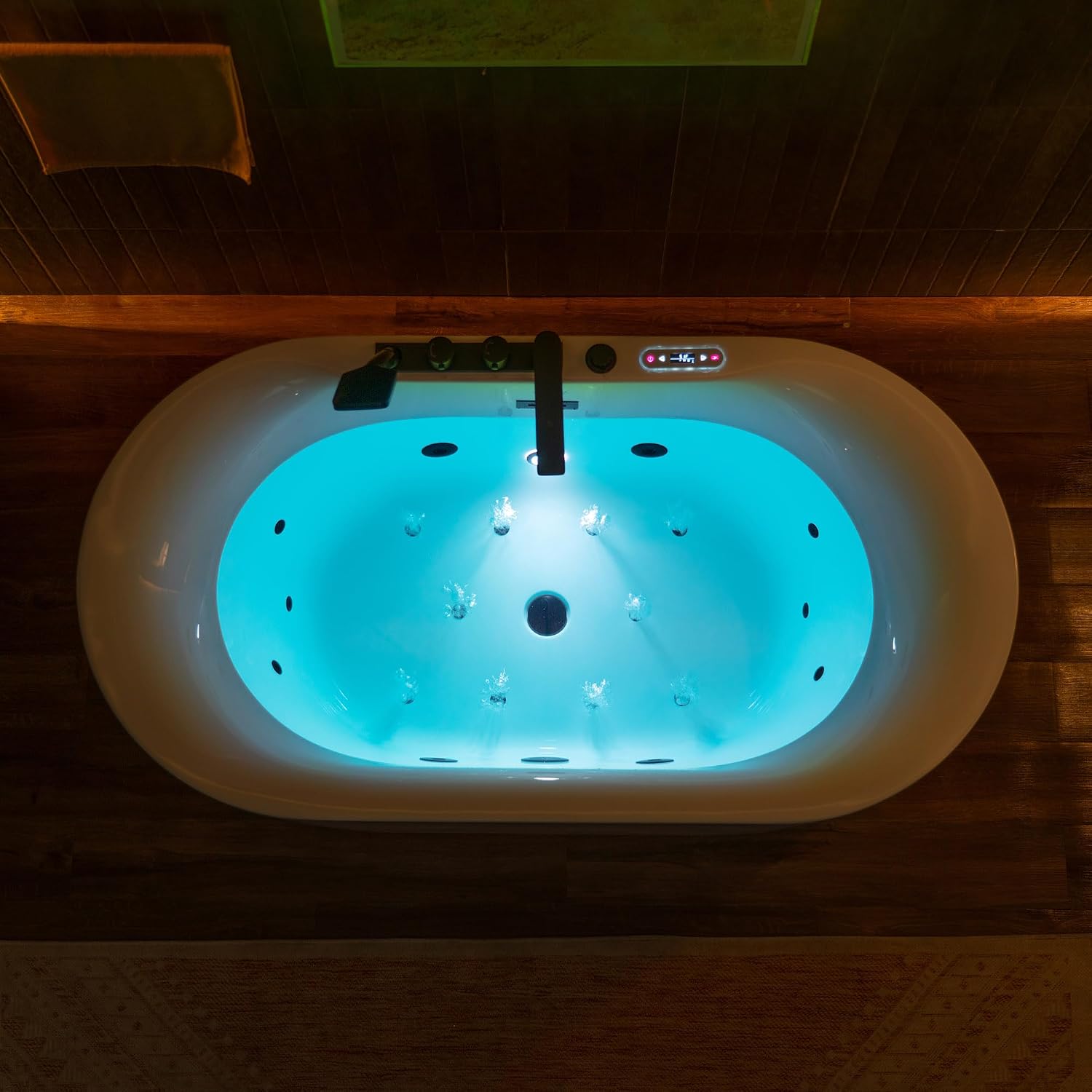 WOODBRIDGE 59' x 31-1/2' Whirlpool and Air Bath Heated Soaking Combination Tub with Adjustable Speed Air Blower, Tub Filler, and LED control panel, Matte Black Finish Trim and Drain Kit, BM100+F0051MB