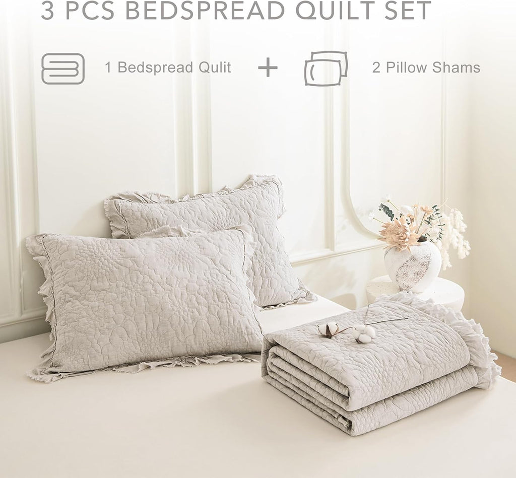 QSH Light Wheat Oversized King Quilt Bedspread Set(120'x120'),3PCs Stonewashed Cotton Ruffled Quilt California King,Ultra Soft Lightweight Crinkled Shabby Farmhouse Chic Bedspread Coverlet Bedding Set