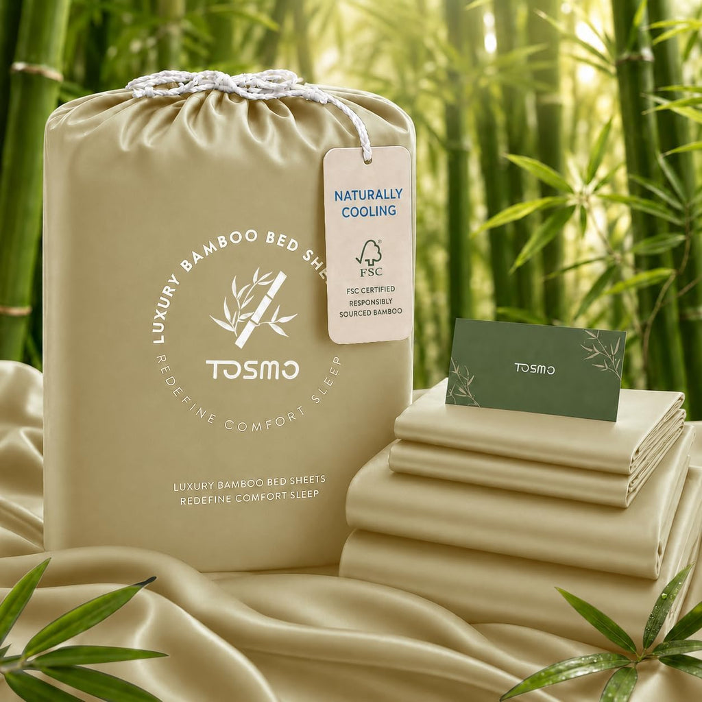 TOSMO Luxury Cooling Sheet Set | 100% Viscose from Organically Grown Bamboo | FSC® Certified | Queen Size | 18' Deep Pockets | Silky Soft Natural Bedding for Hot Sleeper [Dune]