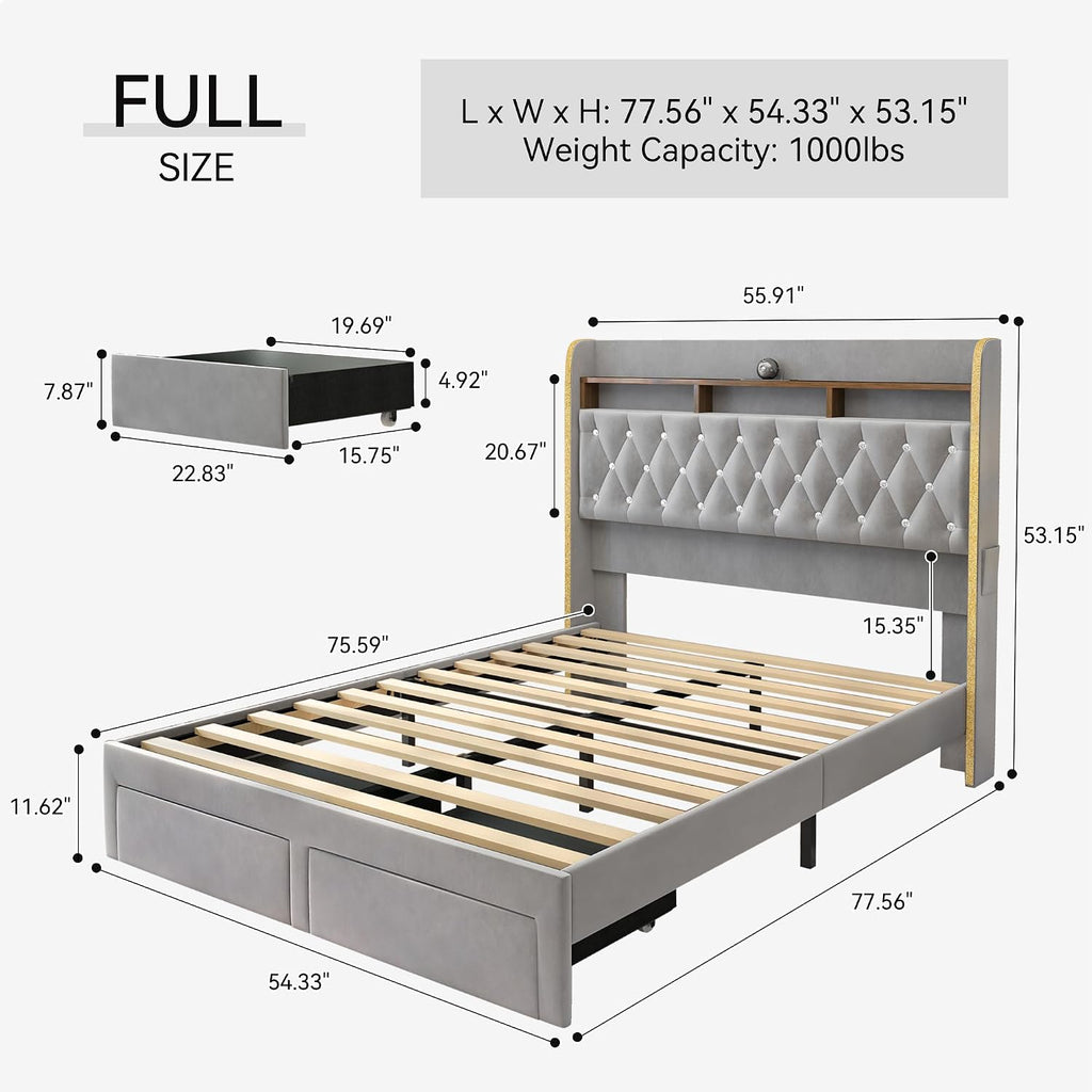 Torana Full LED Bed Frame with 2 Drawers, 53' Tall Platform Beds with Galaxy Star Projector Charging Station, Velvet Upholstered Diamond Tufted Aurora Bedframe with Storage Headboard, Grey
