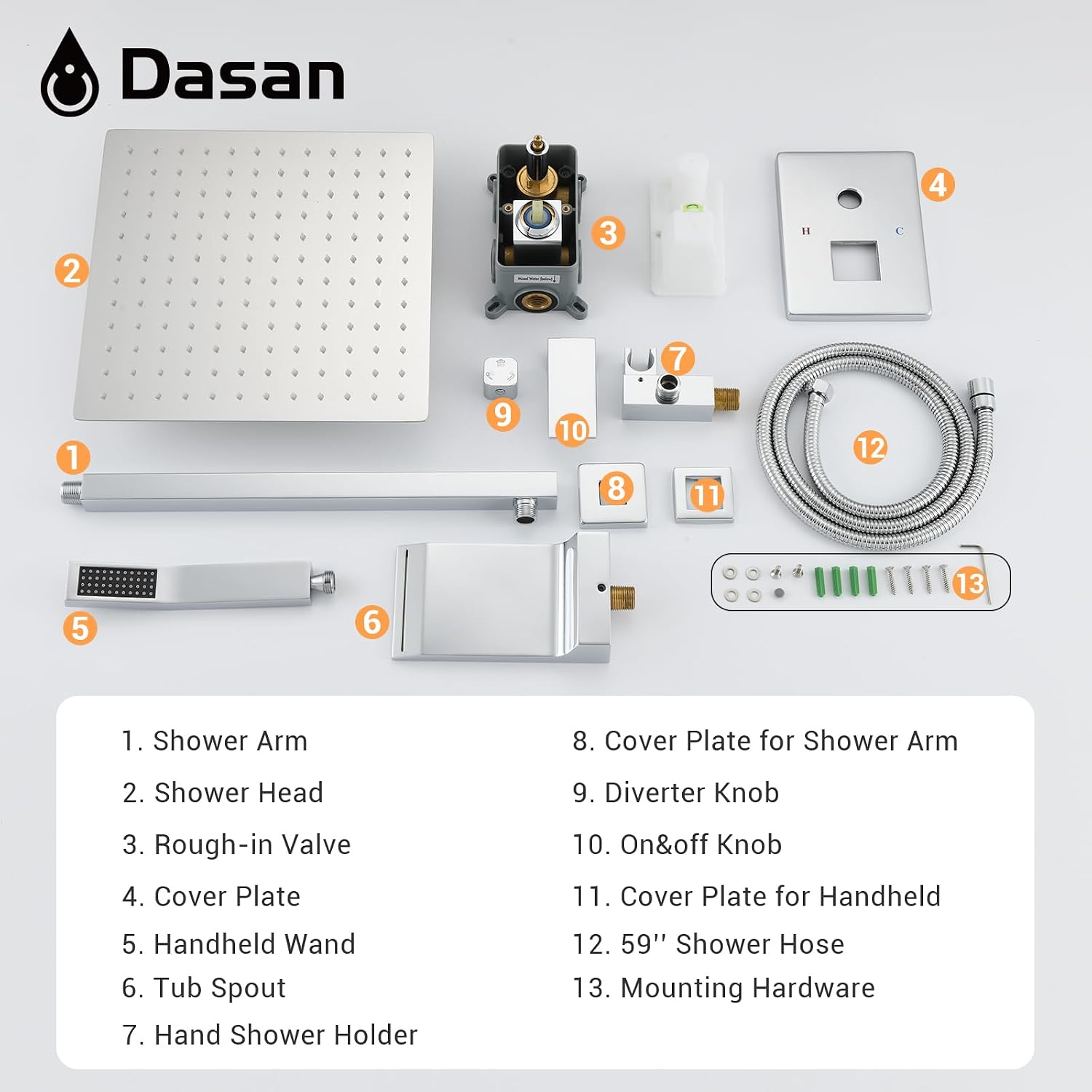 DASAN Tub Shower Faucets Sets Complete Bathtub Shower System with Waterfall Tub Spout, Chrome Bathtub Faucet Set Tub and Shower Faucet Combo Trim Kit with Valve, DA-SS04PC-S10W