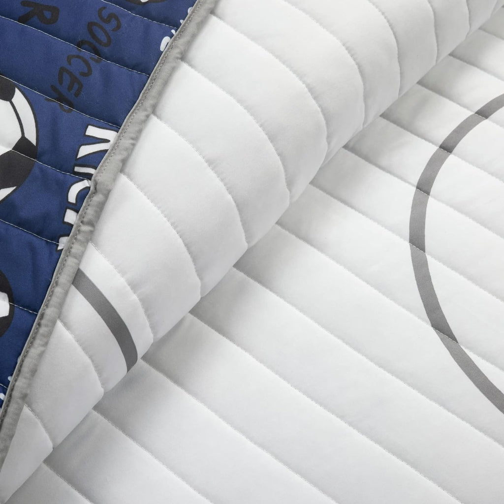 Lush Decor Soccer Game Reversible Quilt Quen Size 4 Piece Set Full/Queen White & Navy - Toddler Bedding Set Full Quilt - Sports Decor - Soccer Bedding