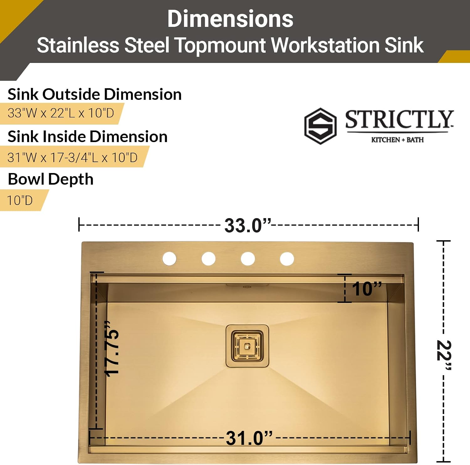 Strictly Sinks 33' Topmount Kitchen Workstation Sink Gold Single Bowl 16 Gauge Stainless Steel Drop In Sink With Colander, Cutting Board, Bottom Grid, 1 Square Disposal Adapter, & 1 Strainer Drain