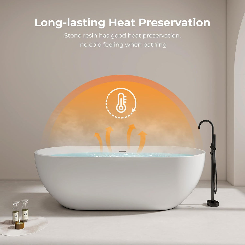 69' Premium Solid Surface Freestanding Bathtub, Oval Stone Resin Tub with Overflow and Pop-up Drain, Matte White