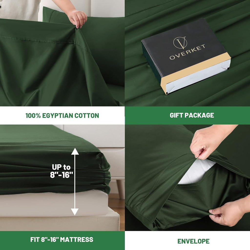 100% Egyptian Cotton Sheets Cal King Sheet Set 4PCS 1000 Thread Count Sateen Weave Soft Breathable 16-Inch Deep Pocket（California King,Forest Green）