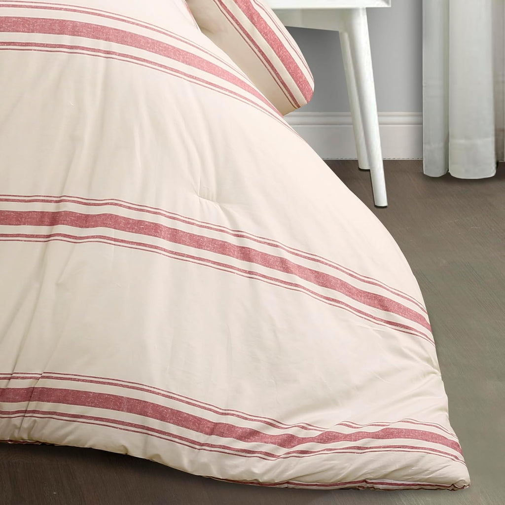Lush Decor Farmhouse Stripe Reversible Cotton Comforter Set, 3 Piece Set, King, Red - Cozy Farmhouse Bedding Set - Rustic Decor - Striped Comforter - Modern Farmhouse Bedroom Decor