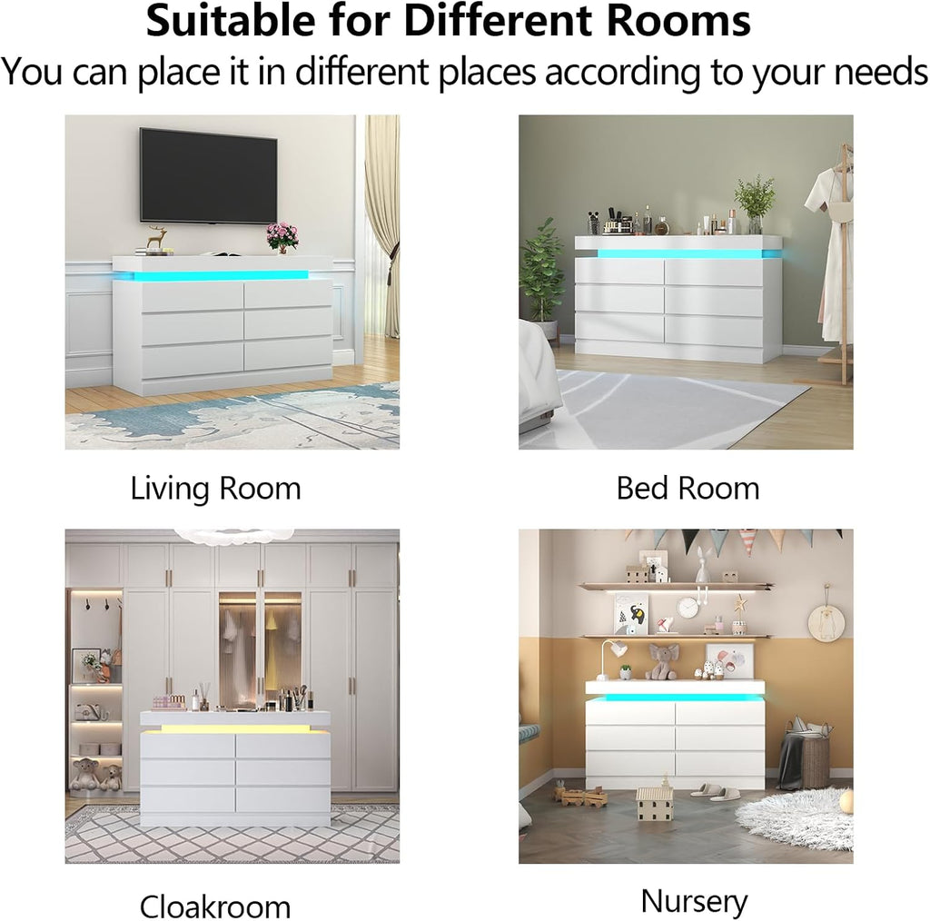 Gyfimoie 6 Drawer Dresser with Power Outlet, Dresser with LED Light, Modern Chest of Drawers for Closet, Double Wide Drawer Organizer Cabinet for Bedroom, Living Room (White, 6 Drawers)