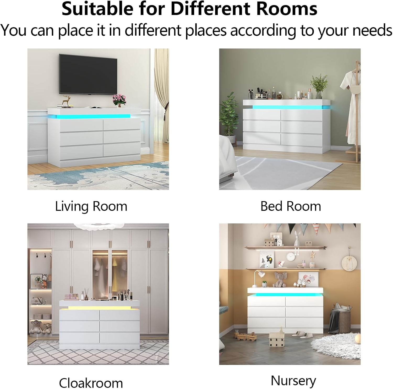 Gyfimoie 6 Drawer Dresser with Power Outlet, Dresser with LED Light, Modern Chest of Drawers for Closet, Double Wide Drawer Organizer Cabinet for Bedroom, Living Room (White, 6 Drawers)