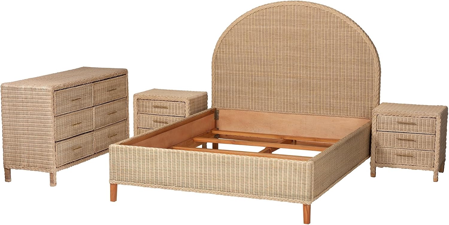 bali & pari Lanica Sun-Bleached Braided Rattan Queen Size 4-Piece Bedroom Set