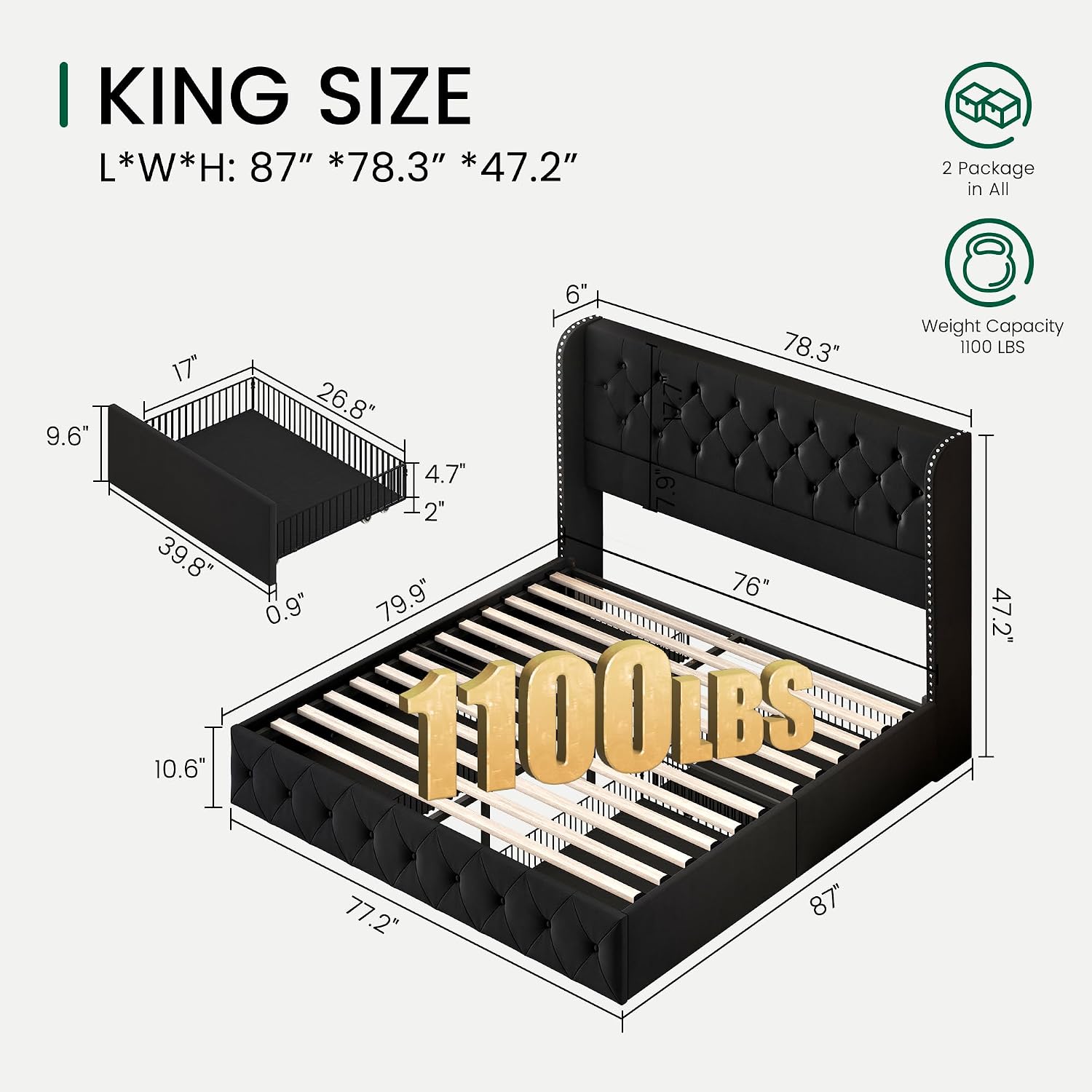 LARMACE King Size Bed Frame with 4 Storage Drawers and 47.2' Tall Tufted Headboard Velvet Upholstered Platform Bed Frame Wingback Beds with Wooden Slats Support, Easy Assembly, Black