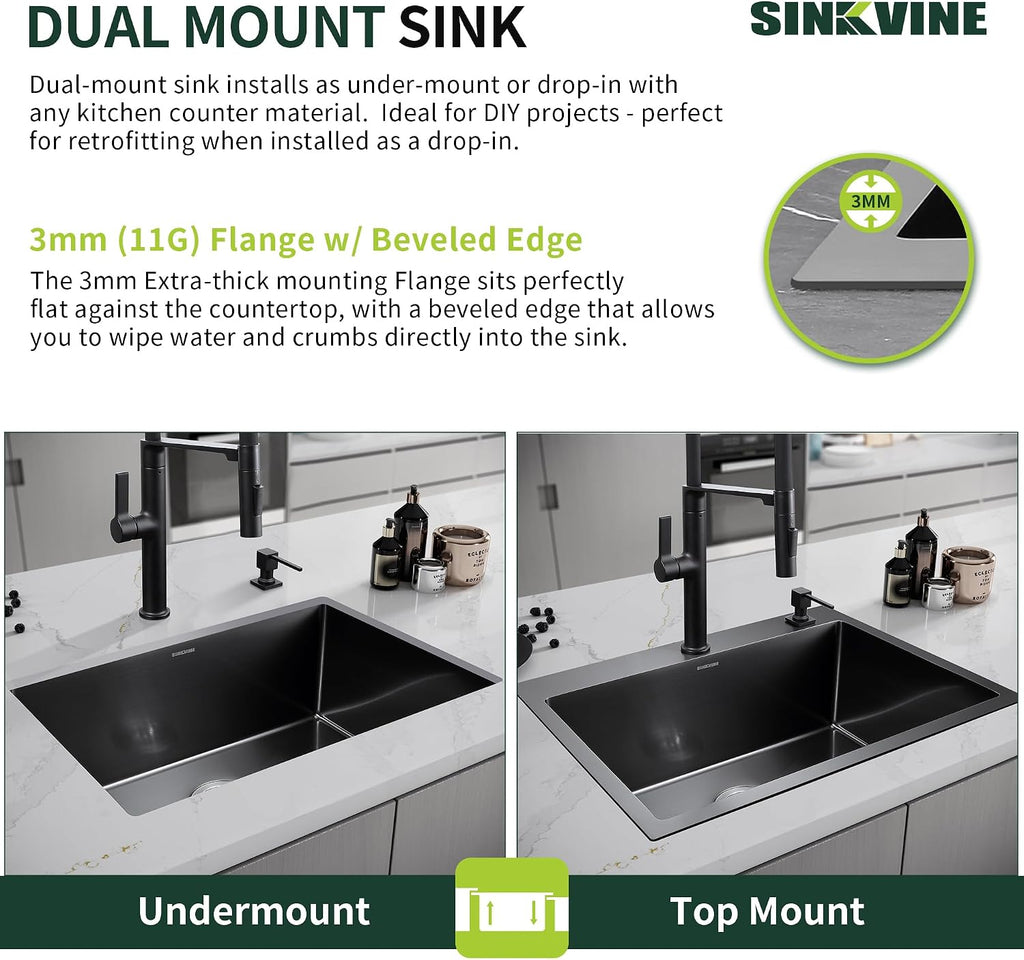 Drop-In Deep Laundry Sink 25 x 22 inch Black, SINKVINE Single Bowl Nano Stainless Steel Kitchen Sink for Outdoor and Indoor Top Mount, with Drain Strainer, Bottom Grid, Roll-up Drying Unit, Dark Gray