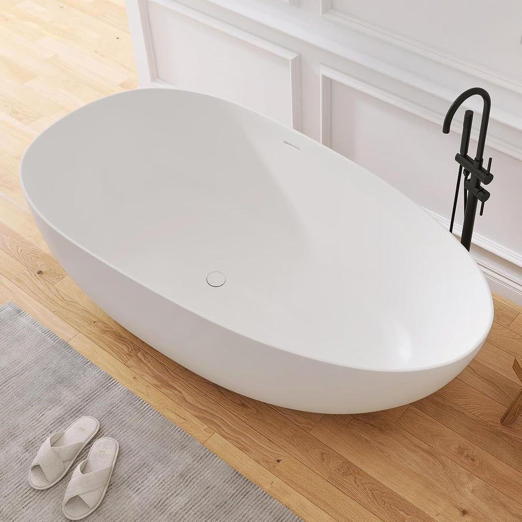 67' Stone Resin Freestanding Bathtub, Oval Solid Surface Bathroom Freestanding Tub, Thin Edge Stand Alone Tub with Integrated Slotted Overflow and Pop-up Drain, Matte White 302-170