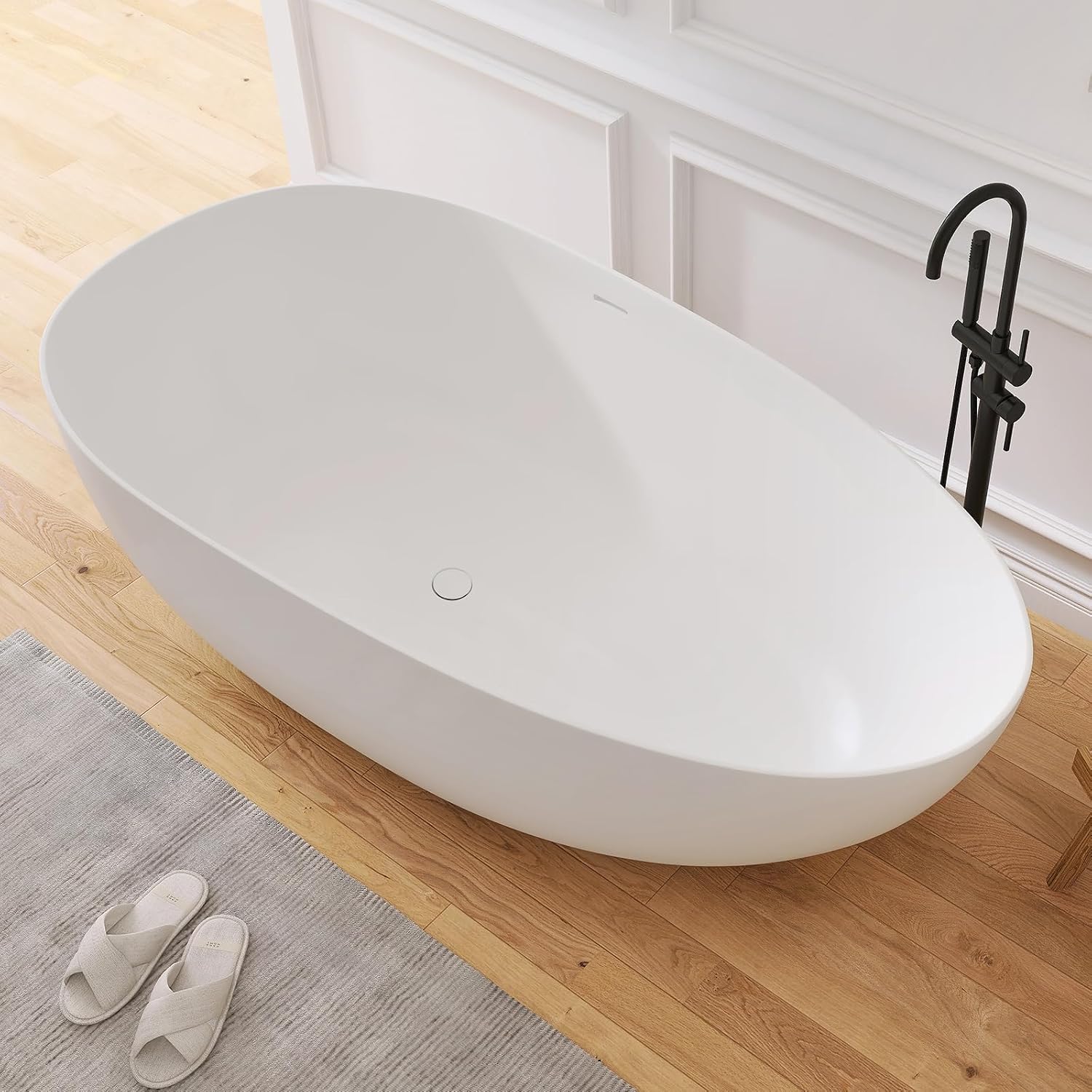 67' Stone Resin Freestanding Bathtub, Oval Solid Surface Bathroom Freestanding Tub, Thin Edge Stand Alone Tub with Integrated Slotted Overflow and Pop-up Drain, Matte White 302-170