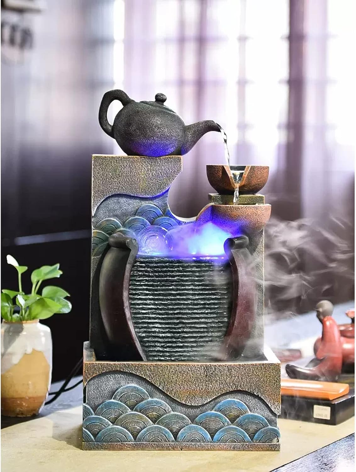 HIHELO Desktop Fountain Tabletop Fountain Resin Waterfall Tabletop Fountain Decoration Indoor Meditation Waterfall with Submersible Pump Water Fountain Outdoor