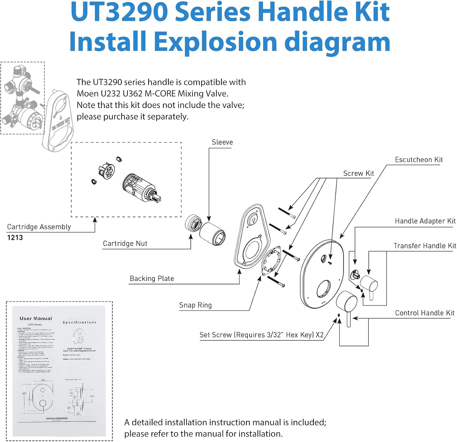 UT3290BL Shower Valve Trim Kit for Moen Align Matte Black M-CORE 3-Series 2-Handle Shower Faucet Trim, Shower Handle UT3290 UT3290BN UT3290BG, Include 1213 Cartridge, U232 U362 Valve Required. -2 Year