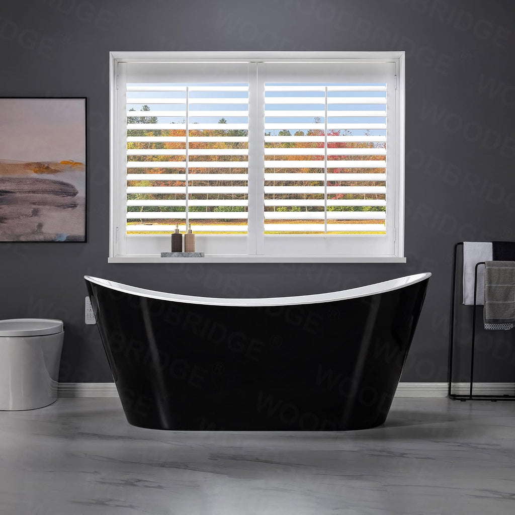 WOODBRIDGE 67' Acrylic Freestanding Bathtub Contemporary Soaking Tub with Matte Black Overflow and Drain,Black,B1815 MB