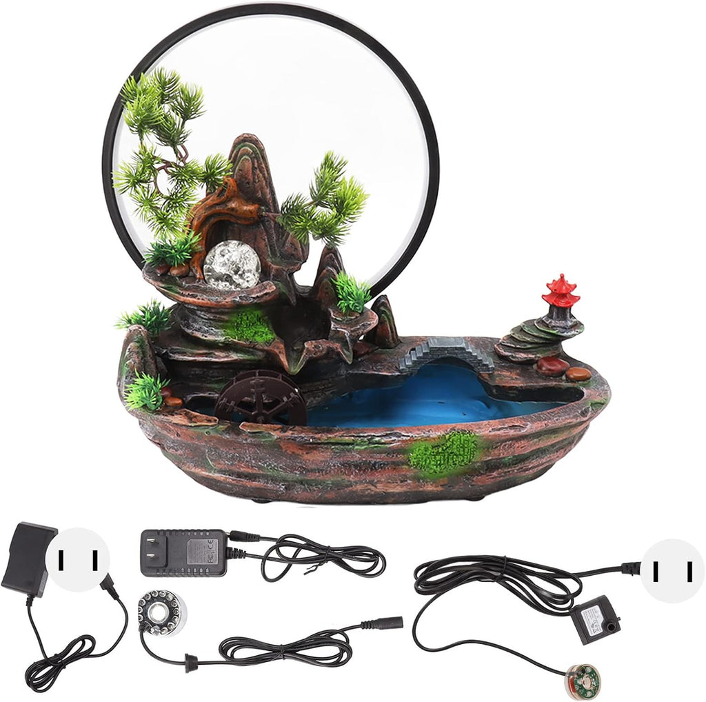 Walfront Waterfall Fountain Decoration, Waterfall Fountain, Waterfall Fountain LED Light Indoor Tabletop Fountain with Plants Mountain Lamp Loop Resin Desktop Waterfall Ornament for