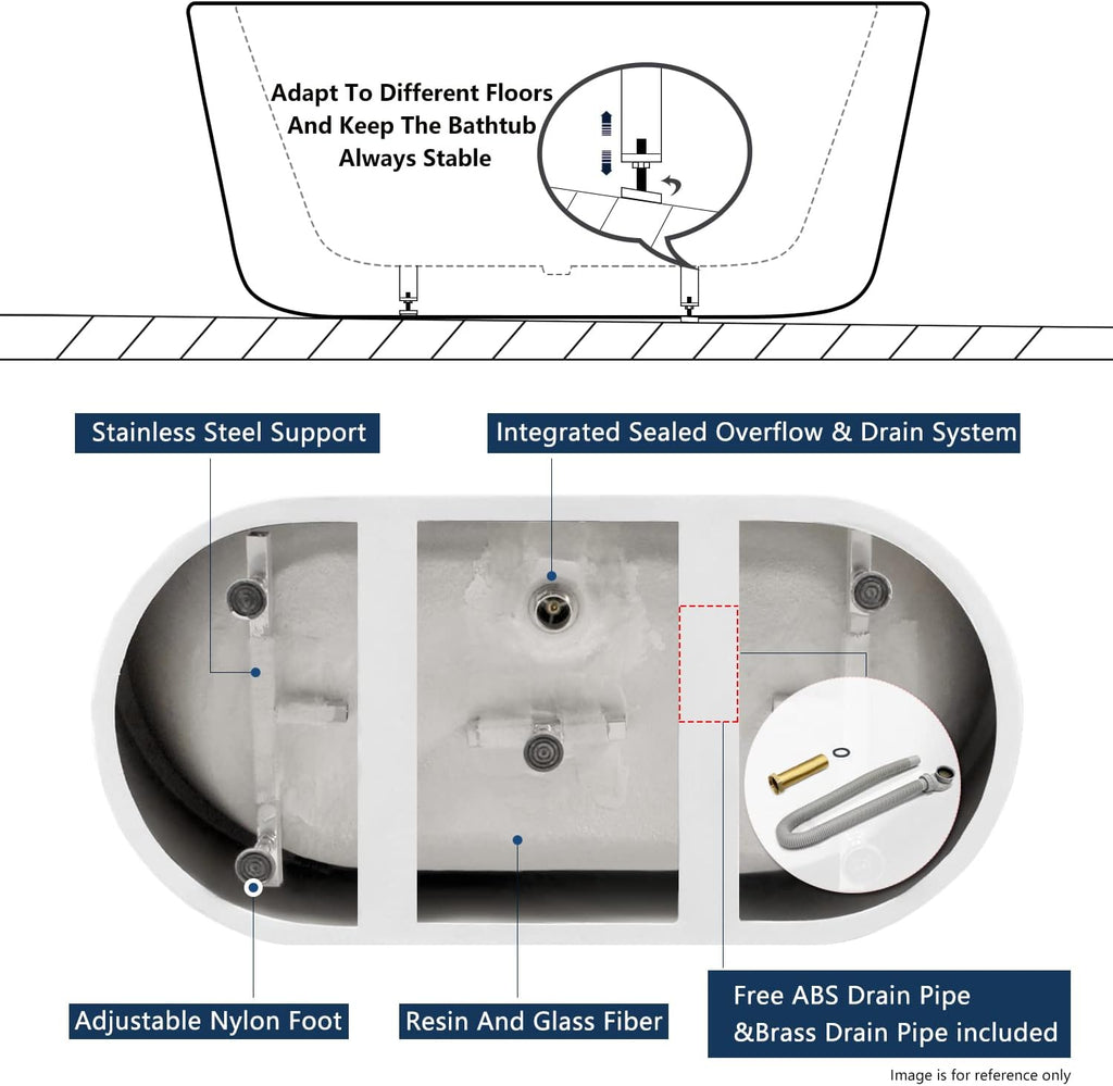 FerdY Luzon 55' Acrylic Freestanding Bathtub, Ergonomic Lightweight Classic Oval Soaking Bathtub with Brushed Nickel Drain, Minimalist Linear Design Overflow, Modern White