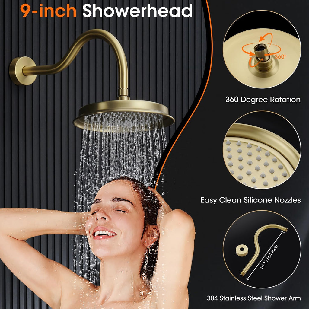 Antique Rainfall Shower System Bathroom Luxury Rain Mixer Shower Faucet Set with Pressure Balance Valve, Shower Combo Set with Rain Shower Head and Vintage Handheld Spray 9 inch Light Gold