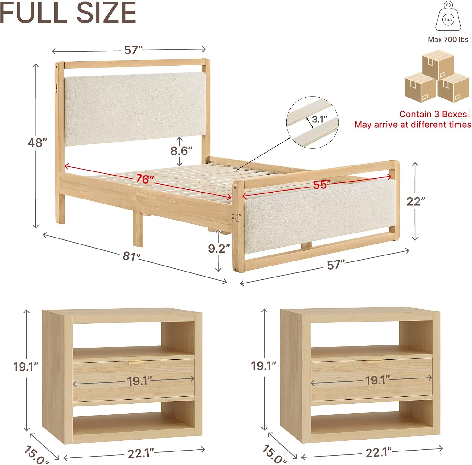 KISLOT 3 Pieces Bedroom Set, Wood Bed Frame with Upholstered Headboard & 2 Nightstands with Storage, Wooden Platform Mattress Foundation Farmhouse Bedroom Furniture Set