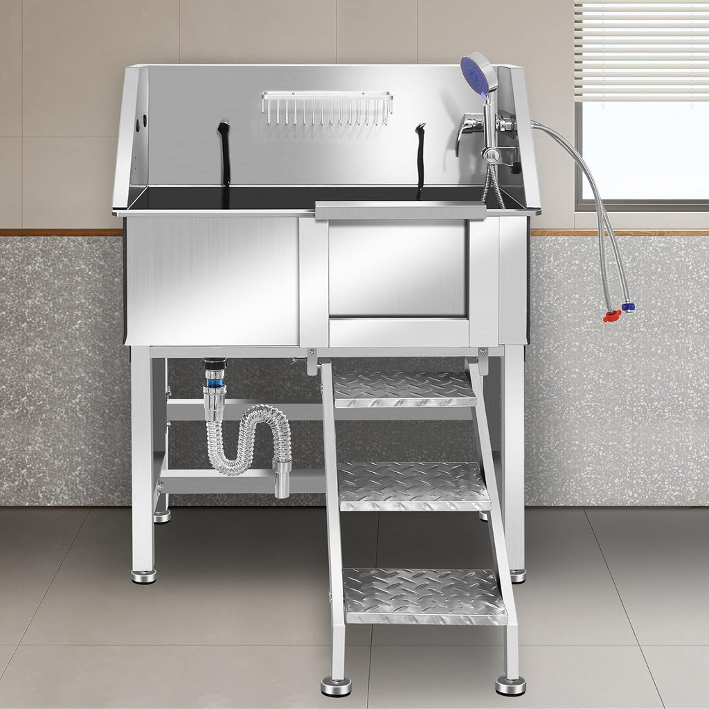 Dog Grooming Tub, L Pet Wash Station, Professional Stainless Steel Pet Grooming Tub With Ramp, Faucet, Sprayer, And Drain Kit