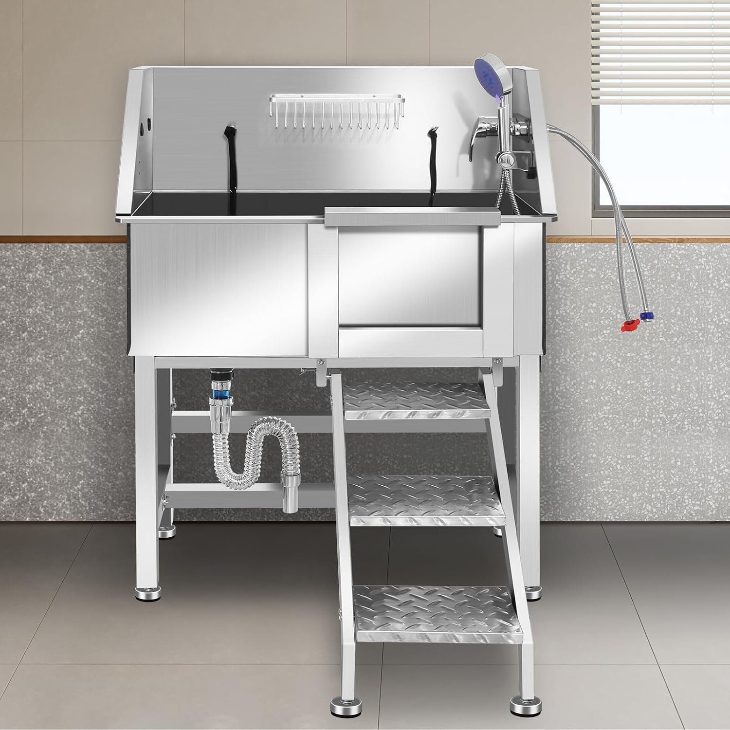 Dog Grooming Tub, L Pet Wash Station, Professional Stainless Steel Pet Grooming Tub With Ramp, Faucet, Sprayer, And Drain Kit
