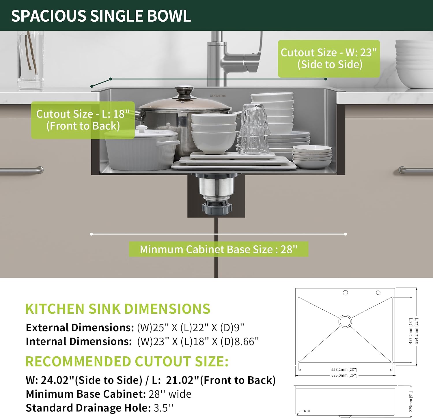 25-Inch Drop-In Kitchen Sink, SINKVINE 25' x 22' Stainless Steel Indoor and Outdoor Sink, Top Mount Large Deep Single Bowl Sink for Laundry Room, with Drain Strainer, Bottom Grid, Roll-up Drying Unit