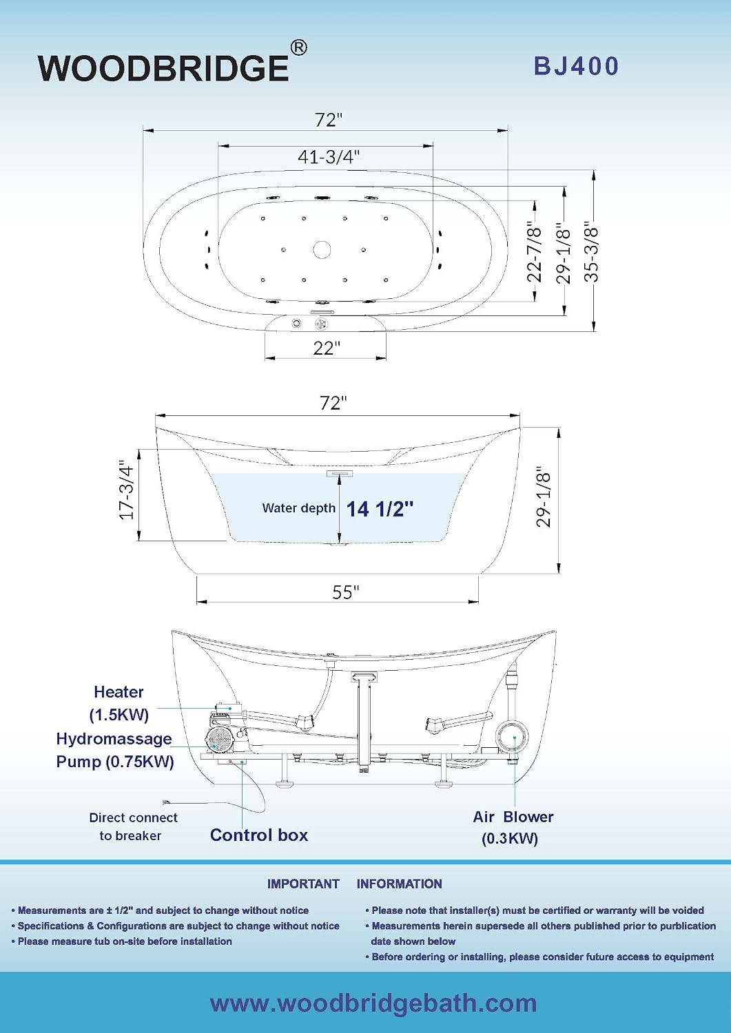 WOODBRIDGE 72' x 35-3/8' Whirlpool Water Jetted and Air Bubble Freestanding Heated Soaking Combination Bathtub with LED control panel, BJ400