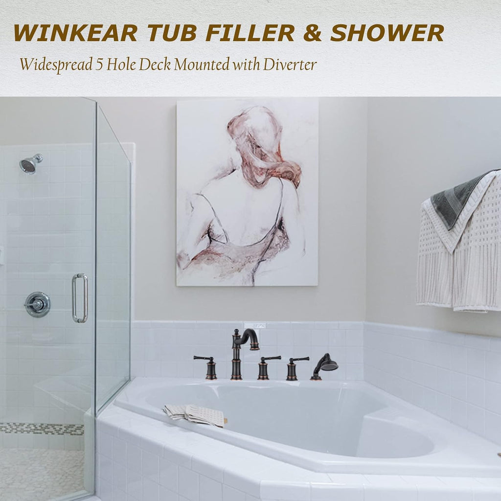 Roman Tub Faucet Set With Handheld Shower 5 Hole Deck Mount Tub Filler With Diverter, 3 Lever Handle Rough-in Valve and Water Supply Lines Included for Bathroom Tub, ORB