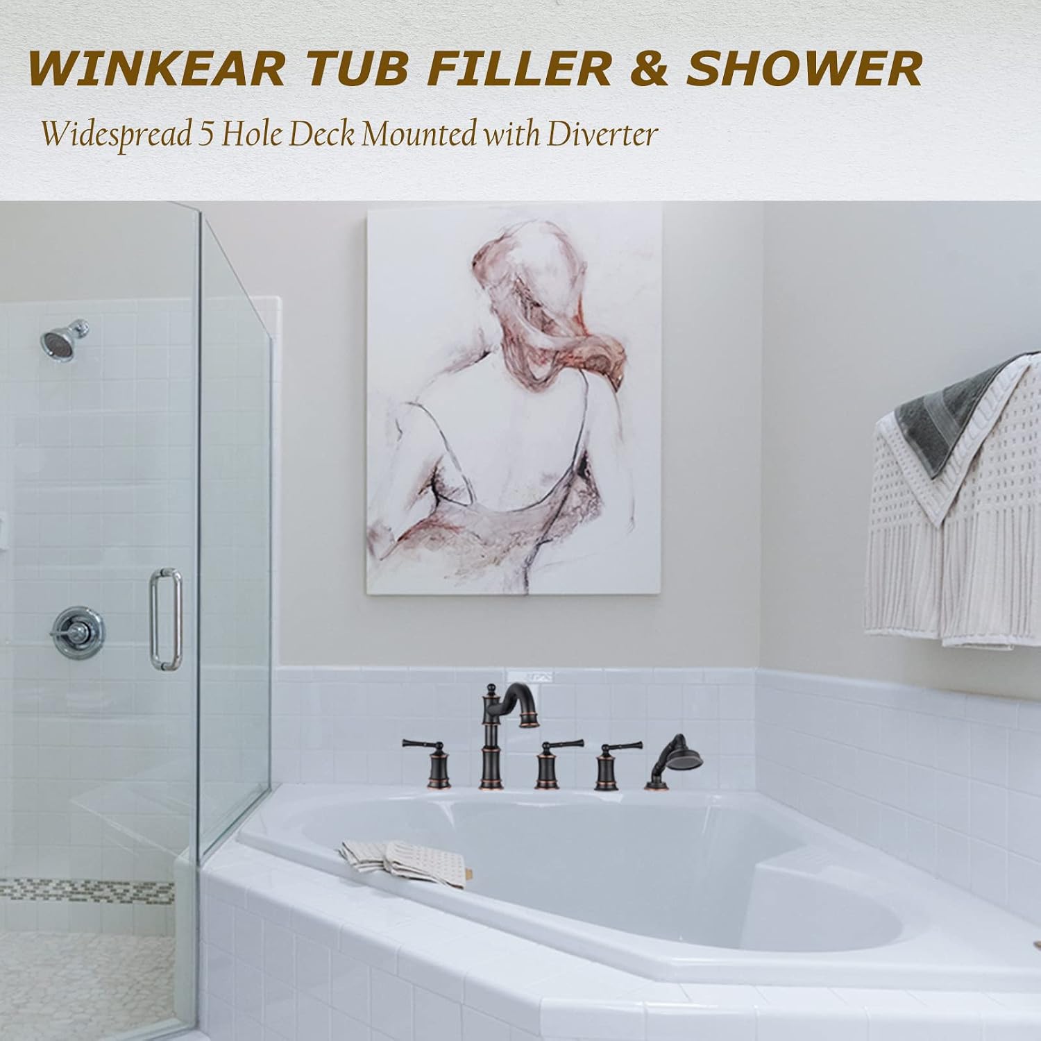 Roman Tub Faucet Set With Handheld Shower 5 Hole Deck Mount Tub Filler With Diverter, 3 Lever Handle Rough-in Valve and Water Supply Lines Included for Bathroom Tub, ORB