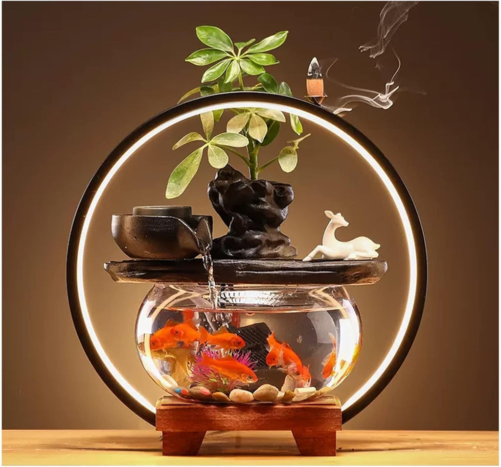 HIHELO Desktop Fountain Indoor Relax Tabletop Fountain with Glass Fish Tank, Wooden Base and LED Lights, Indoor Zen Tabletop Relax Water Feature Water Fountain Outdoor (Color : B)