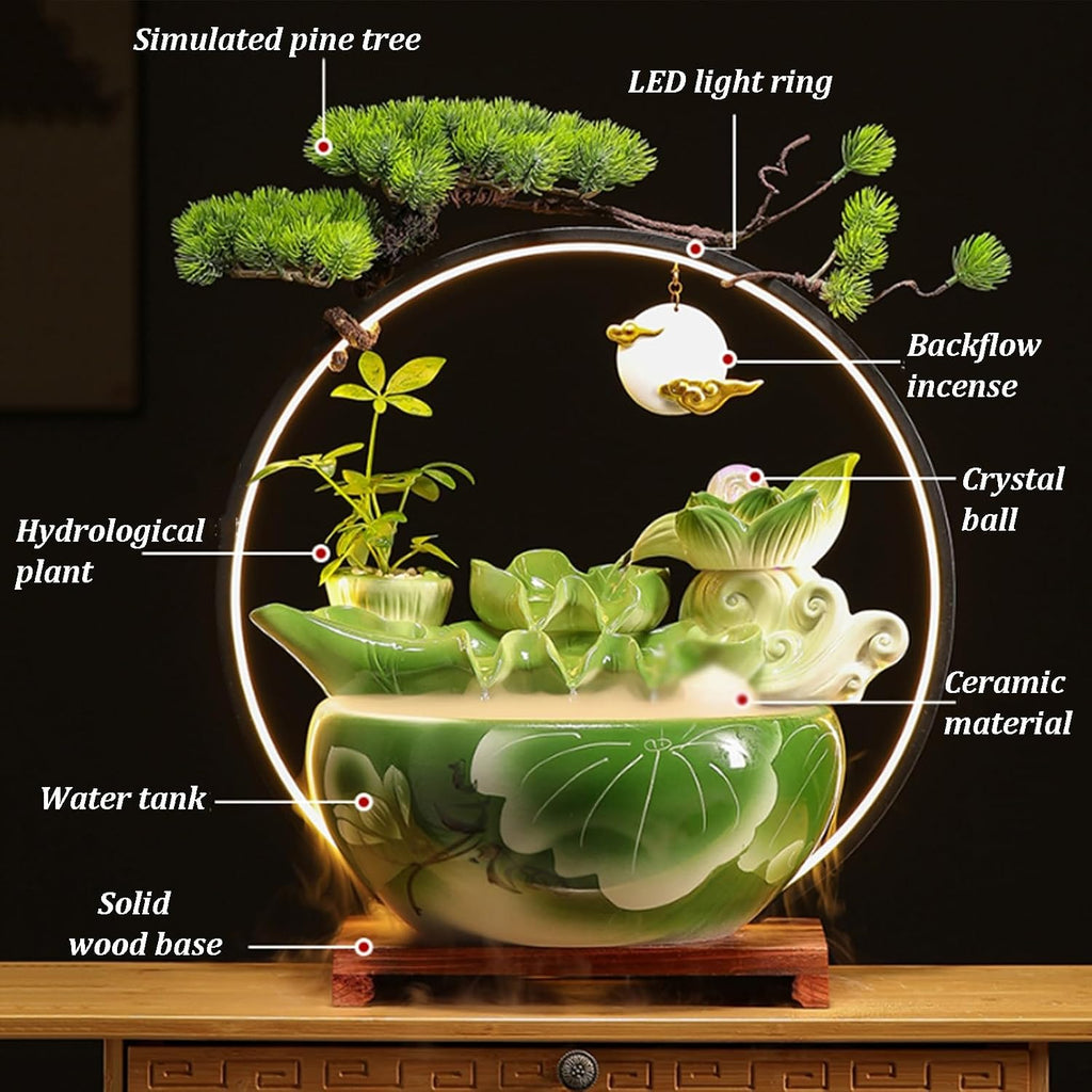 Tabletop Fountain with LED Light, Indoor Waterfall Fountain with Solid Wood Base & Water Storage Basin, Zen Meditation Indoor Waterfall Feature for Office Living Room Bedroom