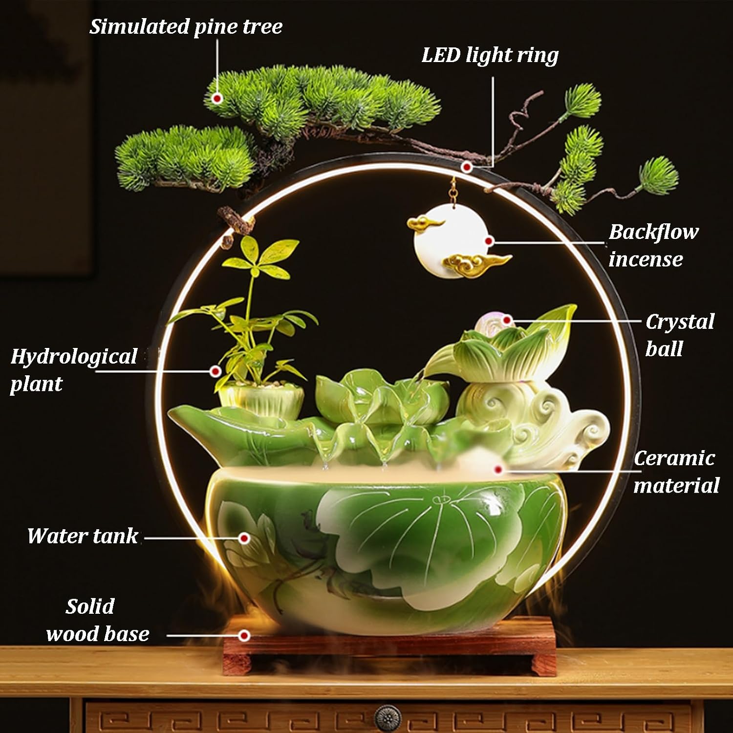 Tabletop Fountain with LED Light, Indoor Waterfall Fountain with Solid Wood Base & Water Storage Basin, Zen Meditation Indoor Waterfall Feature for Office Living Room Bedroom