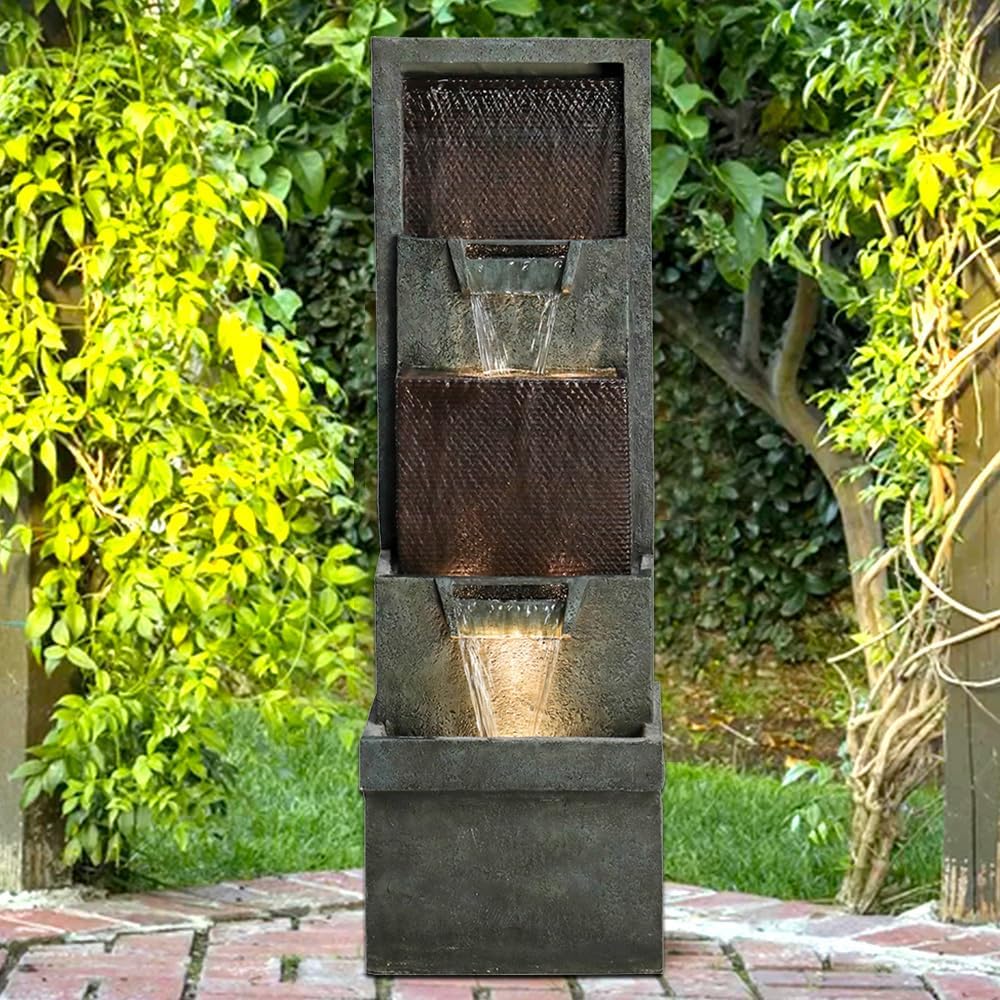 39.3'' Tall Floor Outdoor Fountains and Waterfalls with Lights Indoor Water Fountain Outdoor Modern Floor-Standing Fountain for Yard, Floor Patio, Backyard and Home Art Decor