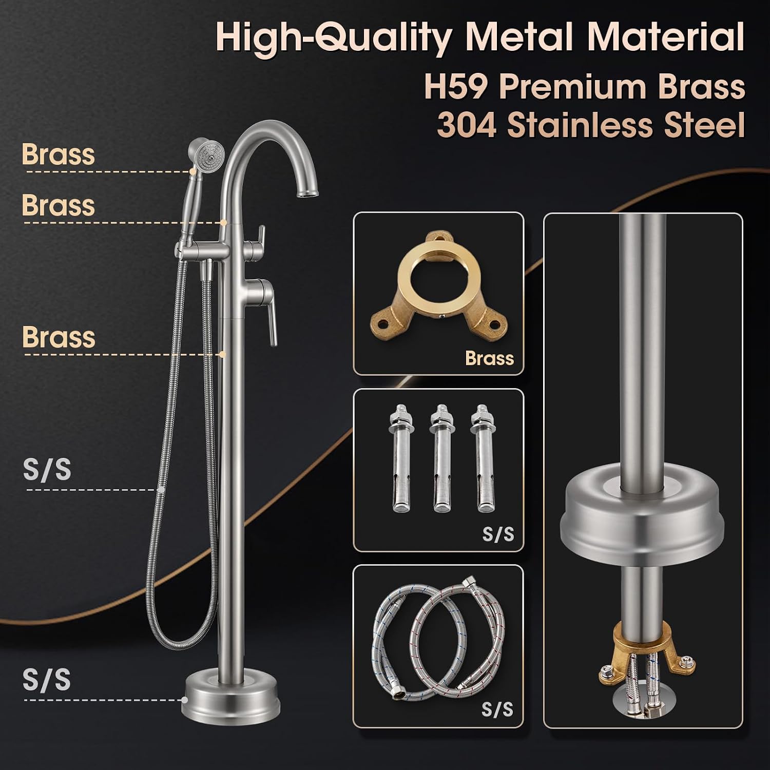 Brushed Nickel Freestanding Bathtub Faucet,Brass Floor Mount Tub Faucet High Flow Max 6.6GPM/60PSI with Hand Shower
